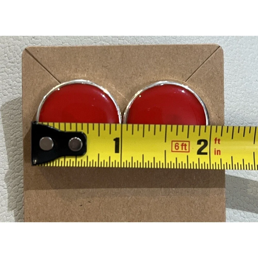 Vintage Red & Silver Tone Earrings Round 1 Inch Pierced 90s Retro Enamel